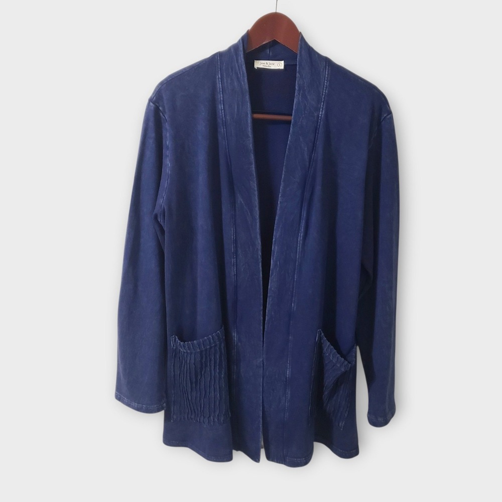 Jess & Jane Mineral Wash Cotton Fleece Open Front Cardigan Blue Large M90-000